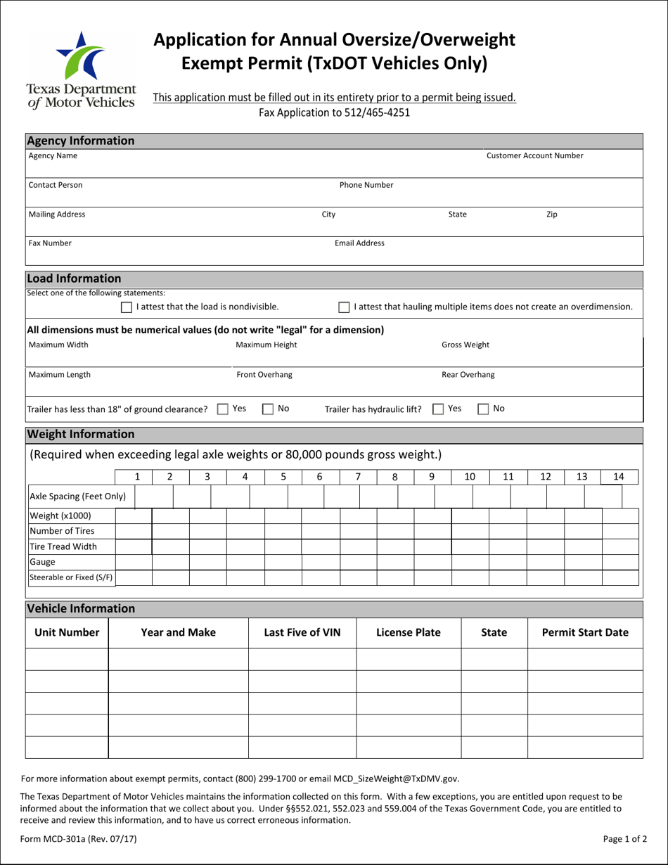 Form MCD-301A Application for Annual Oversize / Overweight Exempt Permit (Txdot Vehicles Only) - Texas, Page 1