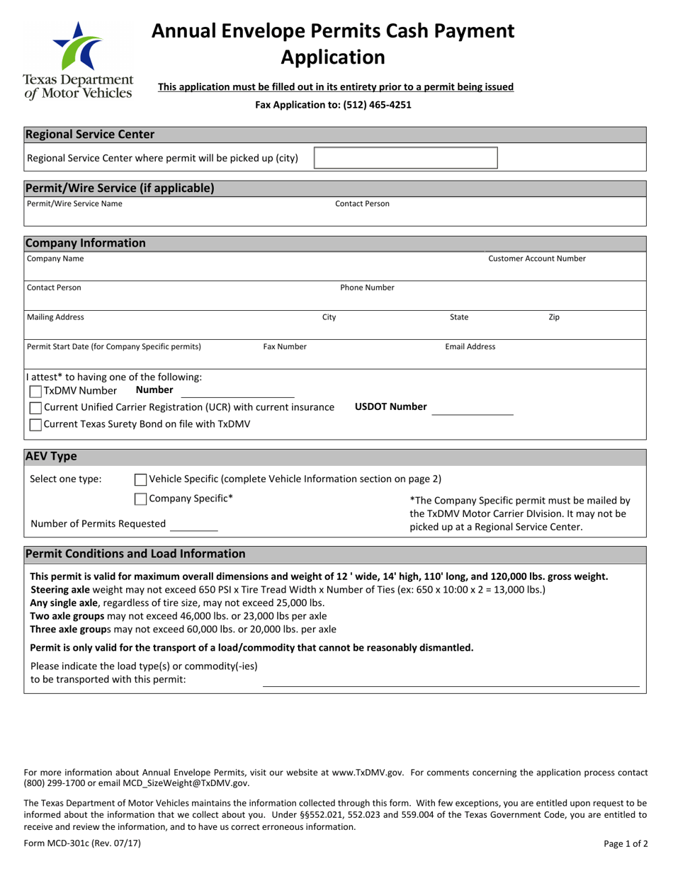 Form MCD-301C Annual Envelope Permits Cash Payment Application - Texas, Page 1