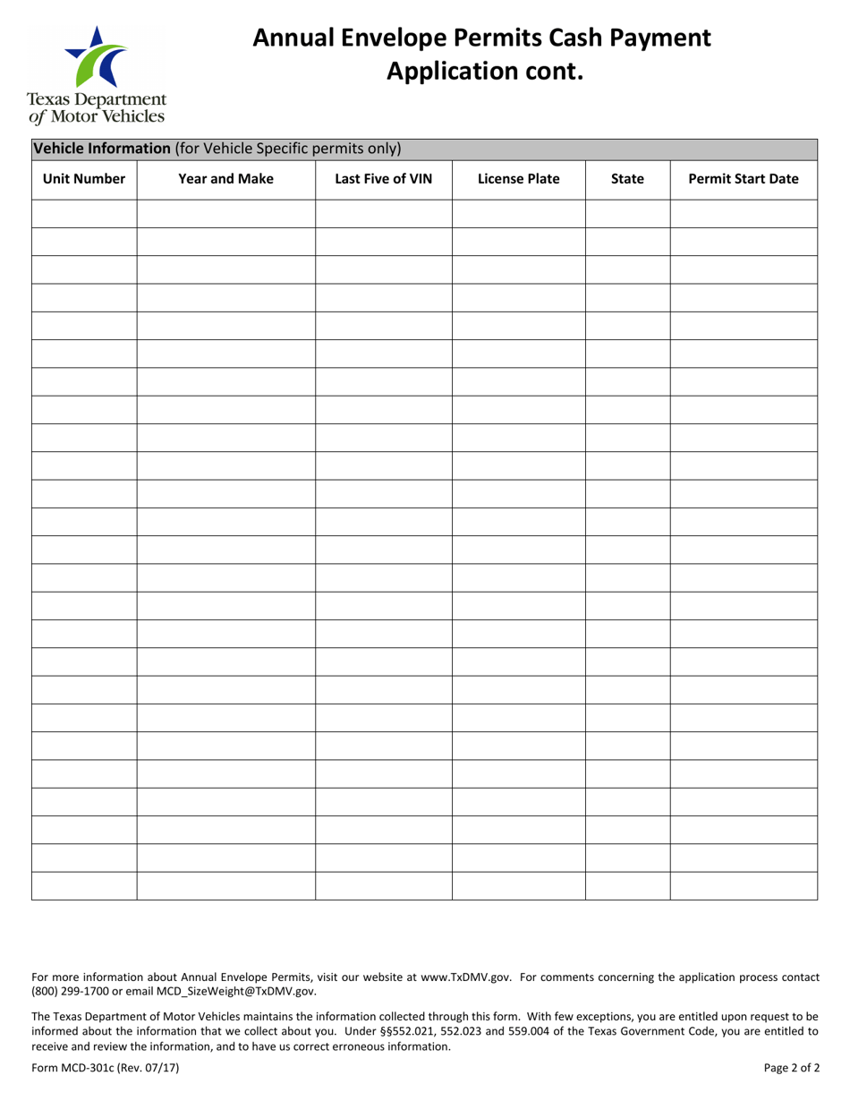 Form MCD-301C Annual Envelope Permits Cash Payment Application - Texas, Page 2