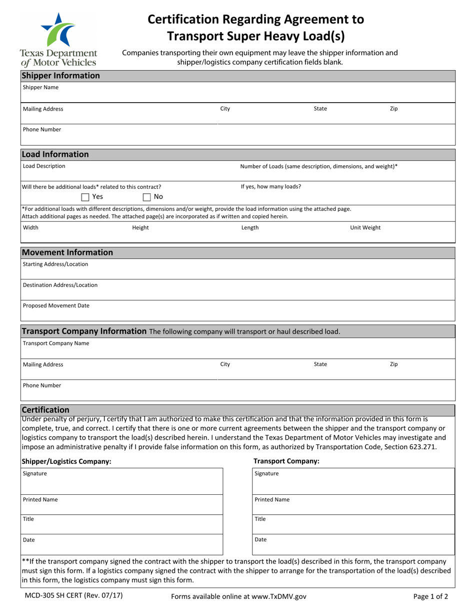 Form MCD-305 SH CERT Certification Regarding Agreement to Transport Super Heavy Load(S) - Texas, Page 1