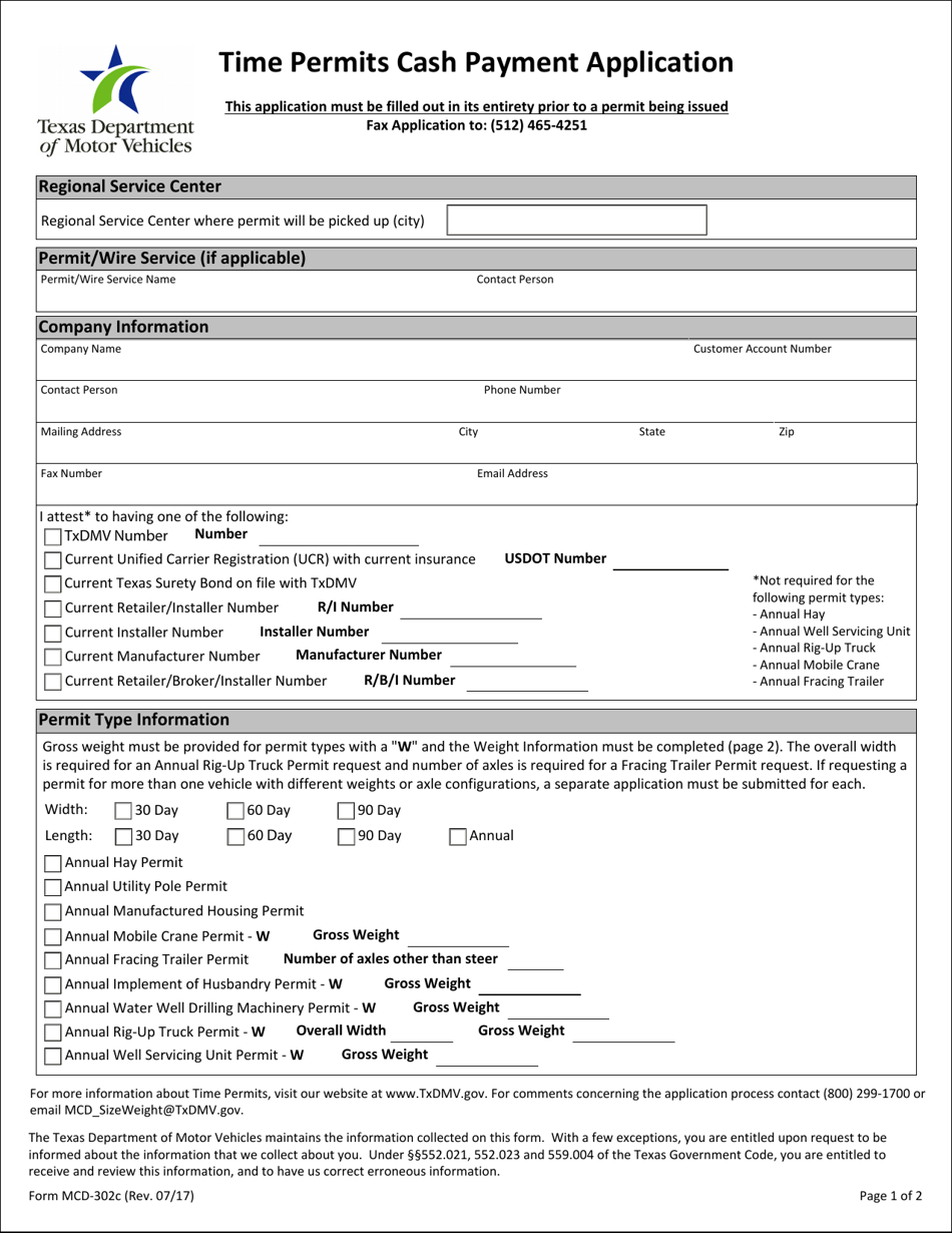 Form MCD-302C Time Permits Cash Payment Application - Texas, Page 1