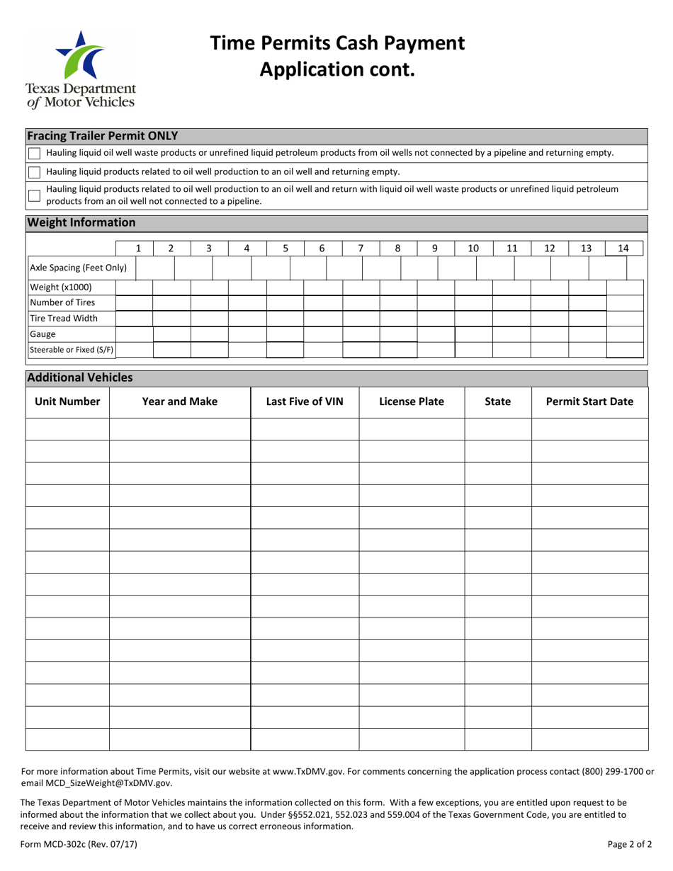 Form MCD-302C Time Permits Cash Payment Application - Texas, Page 2