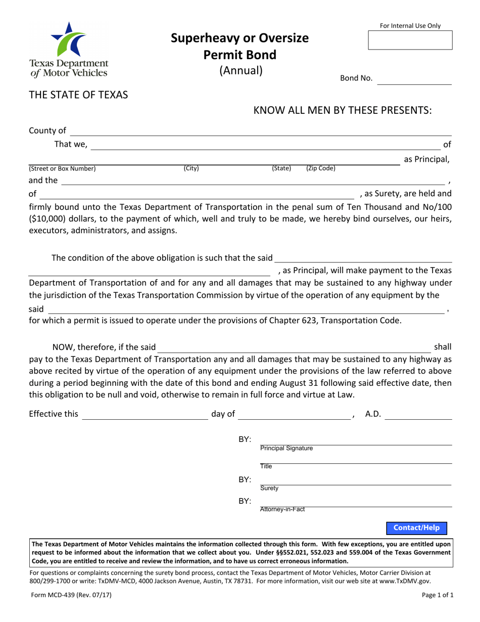 Form MCD-439 Superheavy or Oversize Permit Bond (Annual) - Texas, Page 1