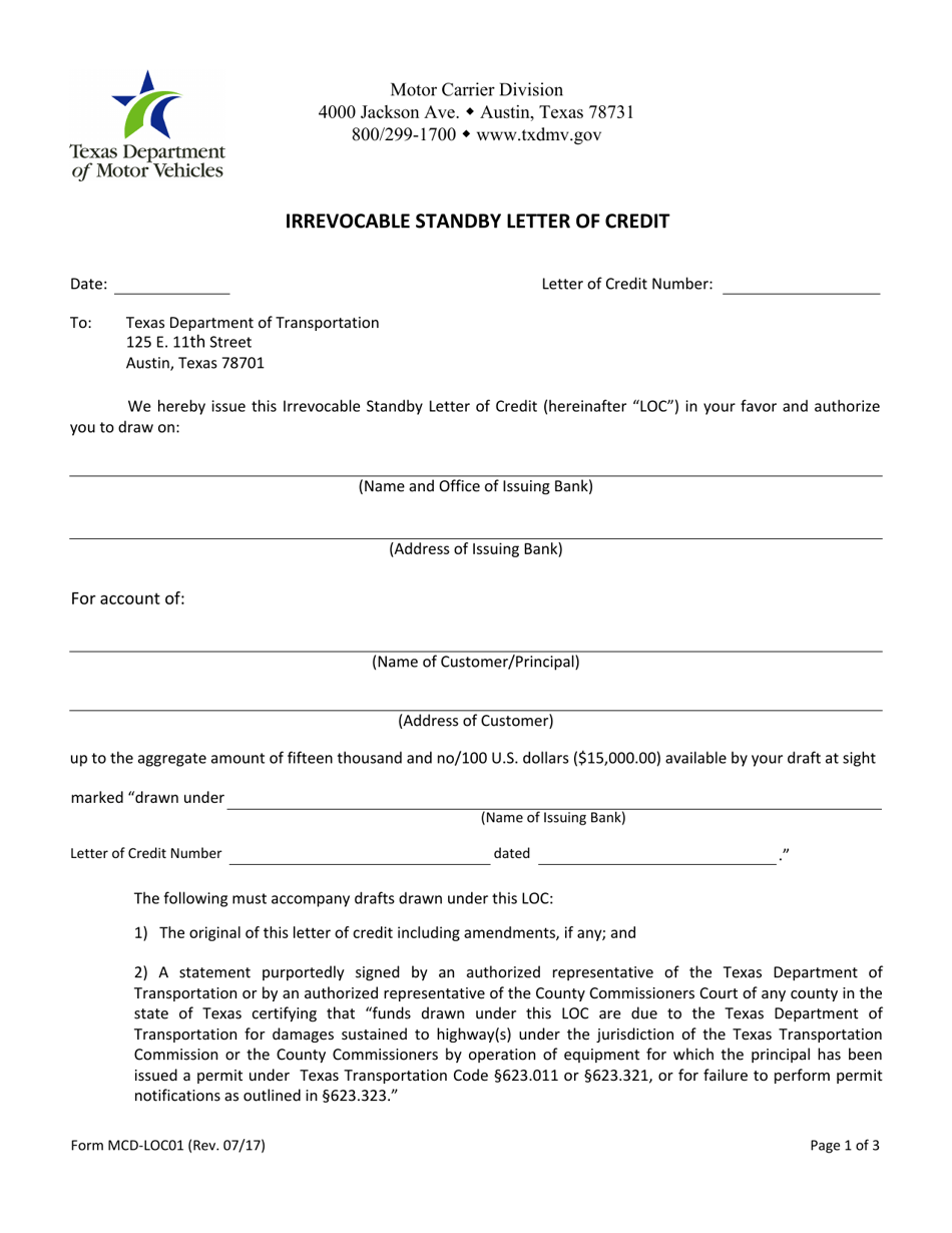 Form MCD-LOC01 Irrevocable Standby Letter of Credit - Texas, Page 2
