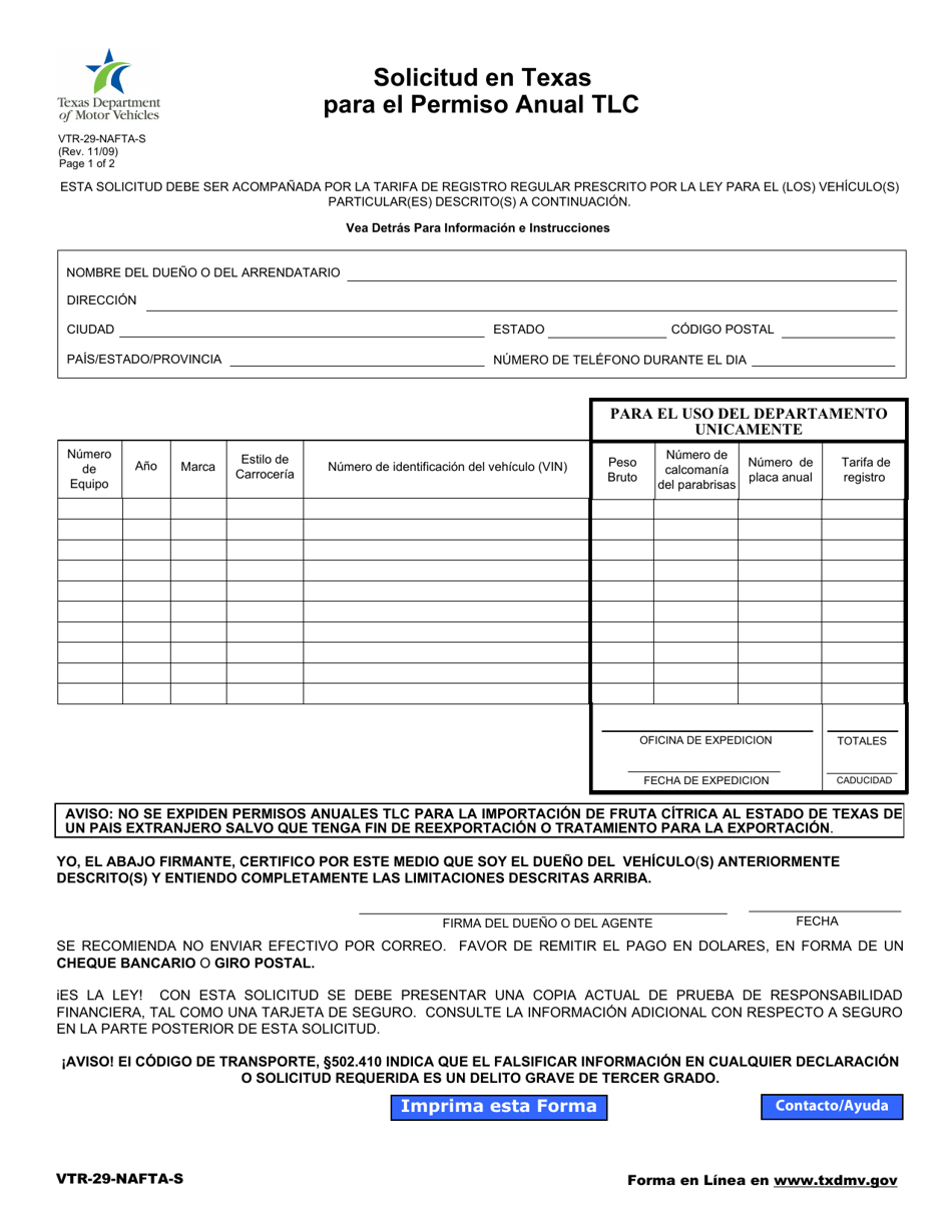 Formulario VTR-29-NAFTA-S Solicitud En Texas Para El Permiso Anual Tlc - Texas (Spanish), Page 1