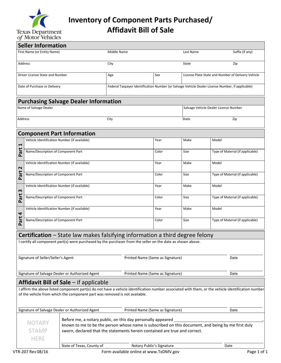 Form VTR-207 Inventory of Component Parts Purchased / Affidavit Bill of Sale - Texas, Page 1