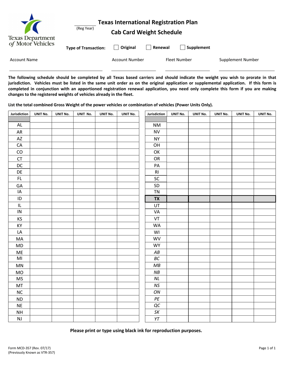 Form MCD-357 Texas International Registration Plan Cab Card Weight Schedule - Texas, Page 1