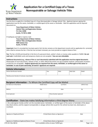 Form VTR-34-5 &quot;Application for a Certified Copy of a Texas Nonrepairable or Salvage Vehicle Title&quot; - Texas