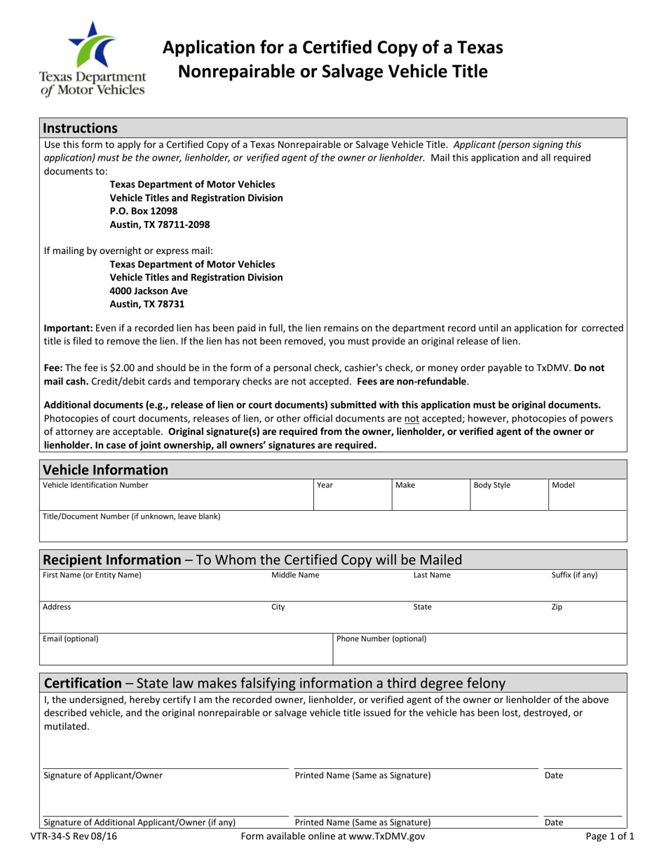 Form VTR-34-5 Application for a Certified Copy of a Texas Nonrepairable or Salvage Vehicle Title - Texas, Page 1