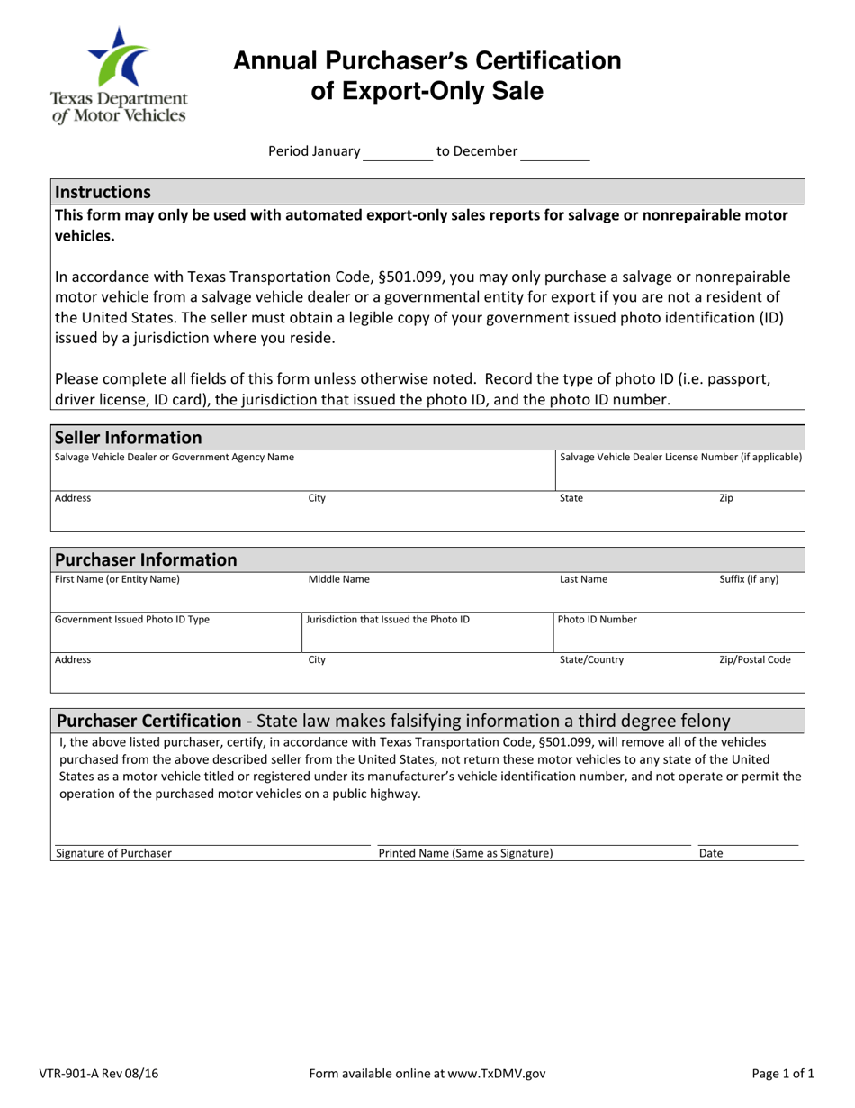 Form VTR-901-A Annual Purchasers Certification of Export-Only Sale - Texas, Page 1