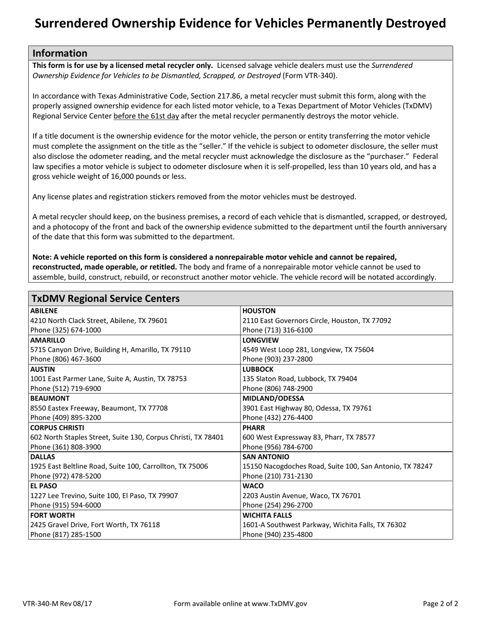 Form VTR-340-M Surrendered Ownership Evidence for Vehicles Permanently Destroyed - Texas, Page 2
