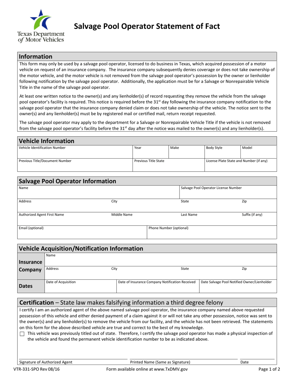 Form VTR-331-SPO Download Fillable PDF or Fill Online Salvage Pool Operator  Statement of Fact Texas | Templateroller