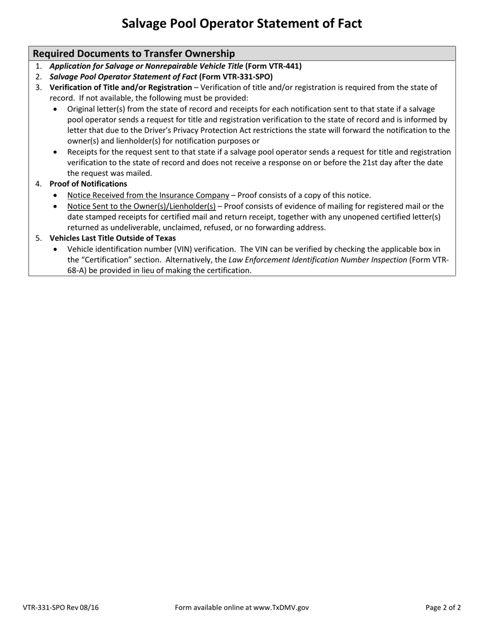 Form VTR-331-SPO Salvage Pool Operator Statement of Fact - Texas, Page 2