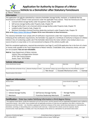 Document preview: Form VTR-71-6 Application for Authority to Dispose of a Motor Vehicle to a Demolisher After Statutory Foreclosure - Texas