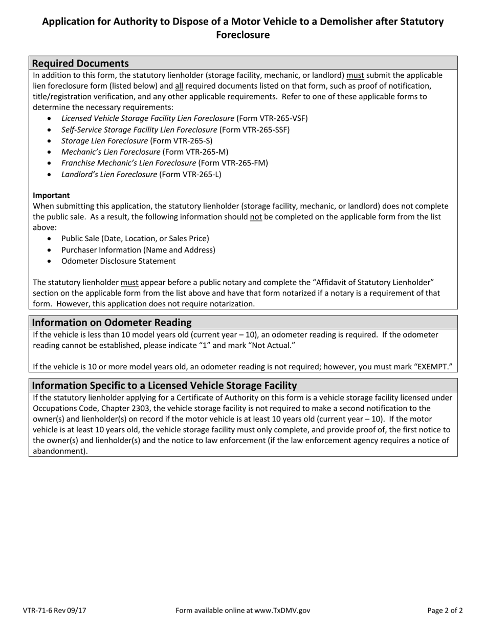 Form VTR-71-6 Application for Authority to Dispose of a Motor Vehicle to a Demolisher After Statutory Foreclosure - Texas, Page 2