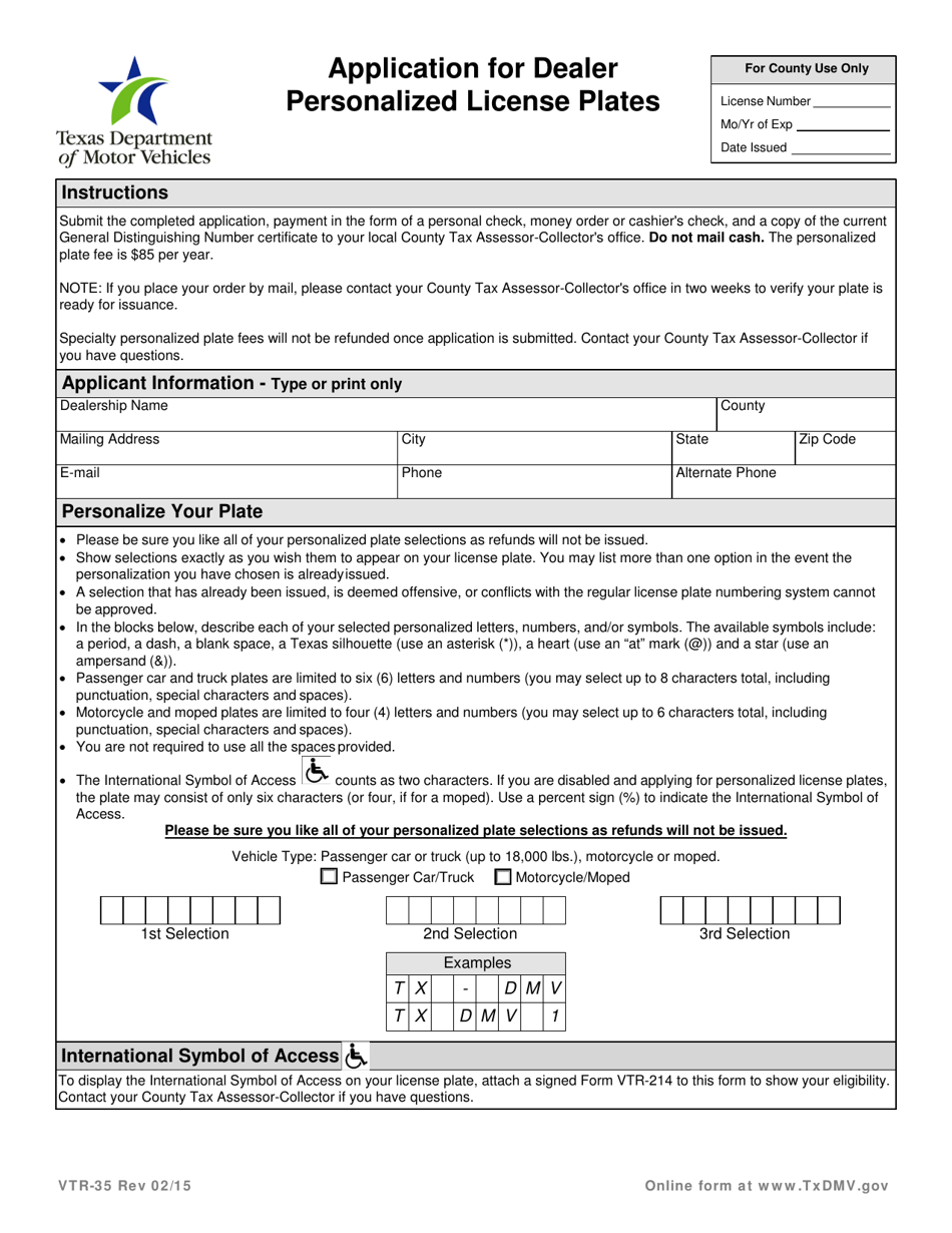 Form VTR-35 Application for Dealer Personalized License Plates - Texas, Page 1
