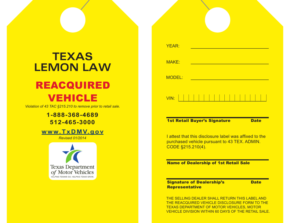 Reacquired Vehicle - Hanging Label - Texas, Page 1
