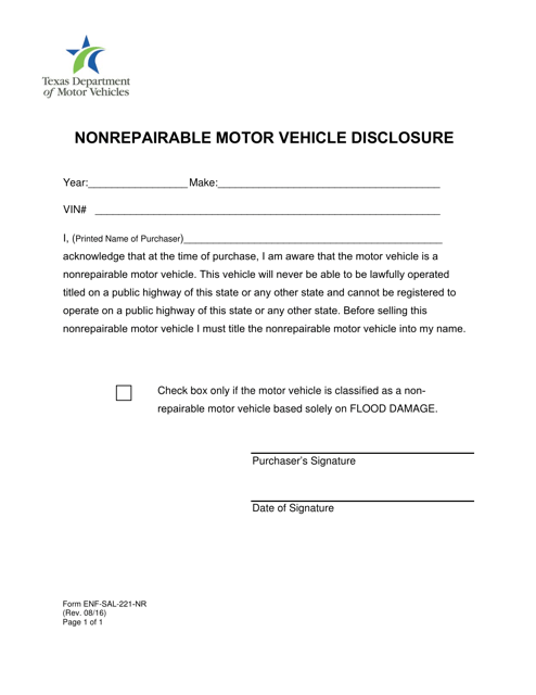Form ENF-SAL-221-NR Nonrepairable Motor Vehicle Disclosure - Texas