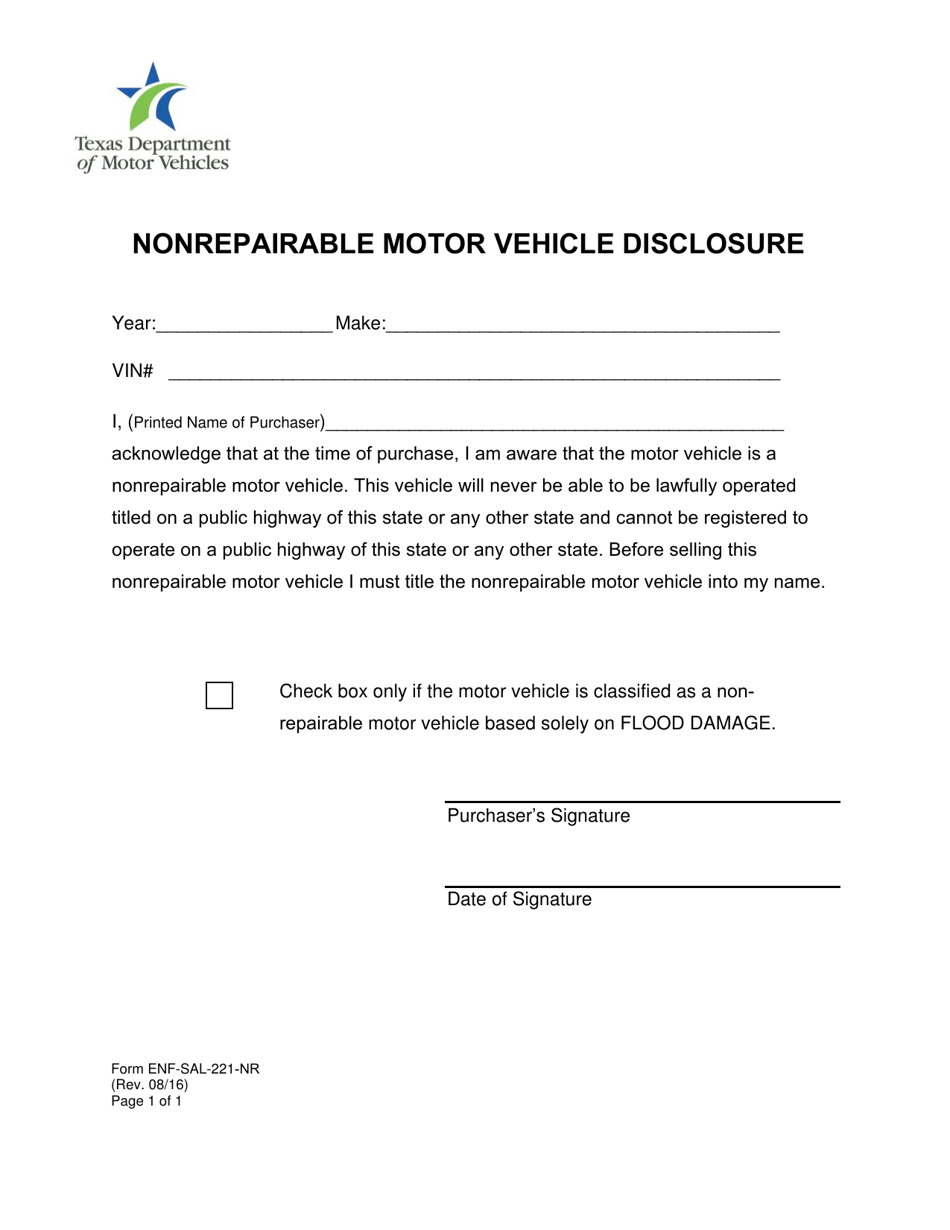 Form ENF-SAL-221-NR Nonrepairable Motor Vehicle Disclosure - Texas, Page 1