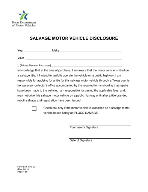 Form ENF-SAL-221 Salvage Motor Vehicle Disclosure - Texas