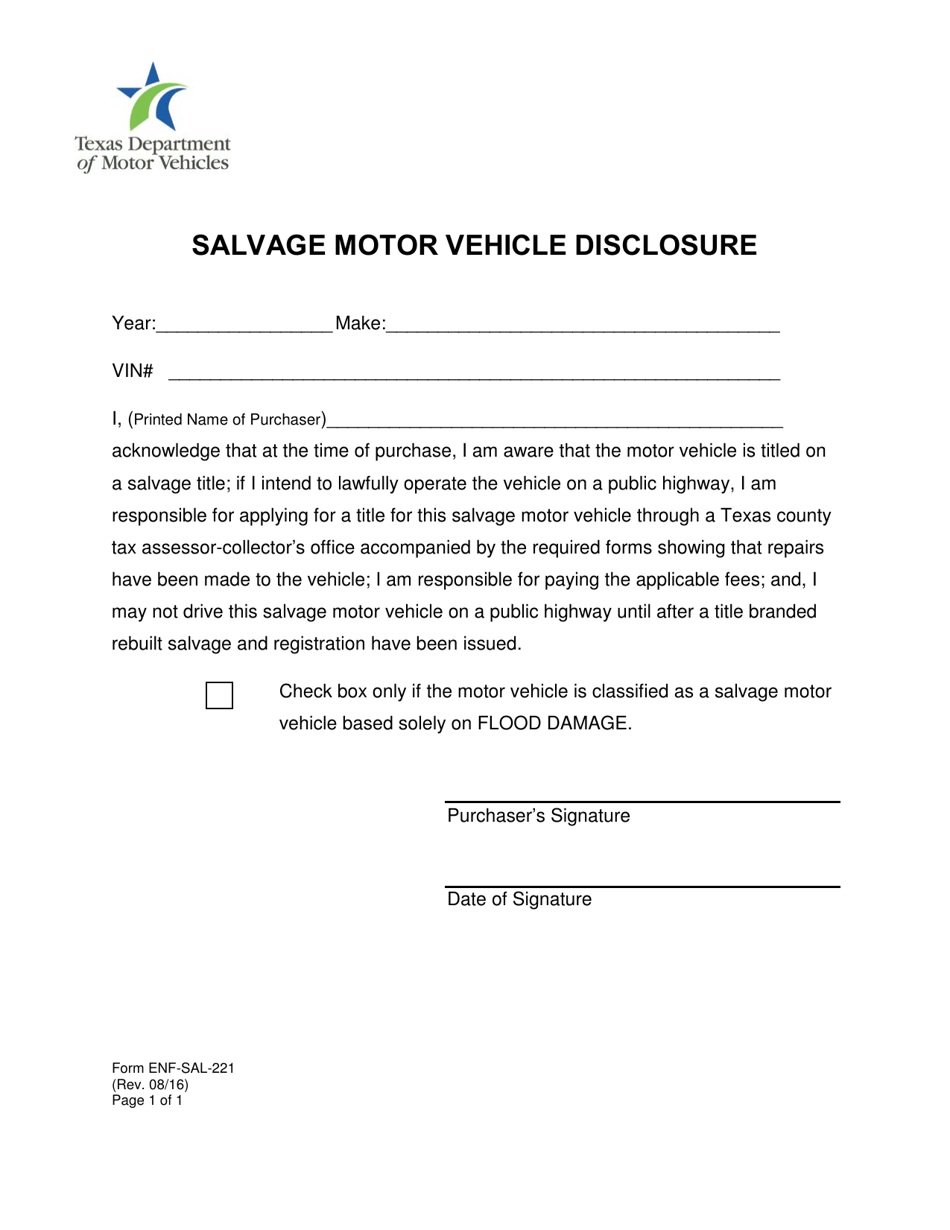 Form ENF-SAL-221 Salvage Motor Vehicle Disclosure - Texas, Page 1