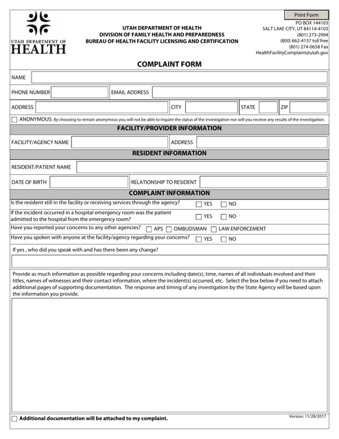 Complaint Form - Utah Download Pdf