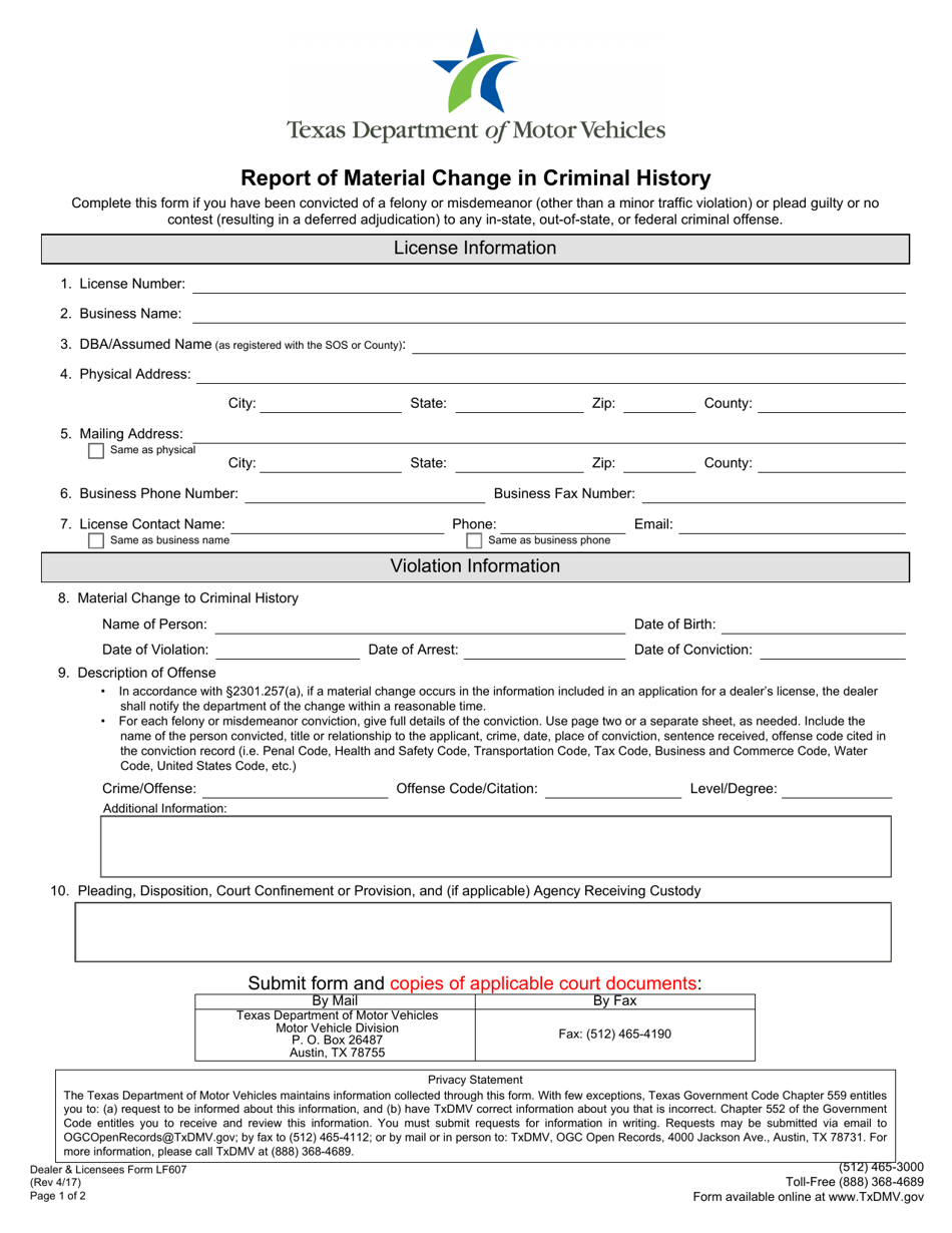Form LF607 Report of Material Change in Criminal History - Texas, Page 1