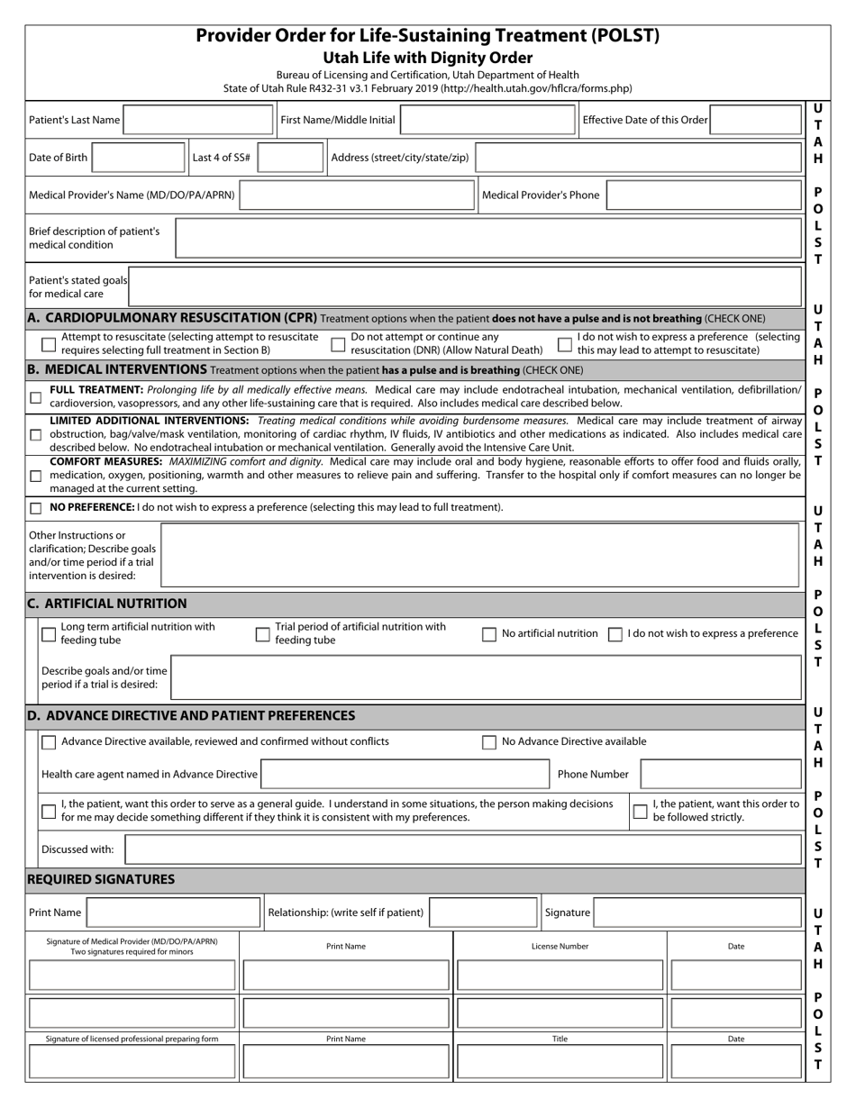 Provider Order for Life-Sustaining Treatment (Polst) Utah Life With Dignity Order - Utah, Page 1
