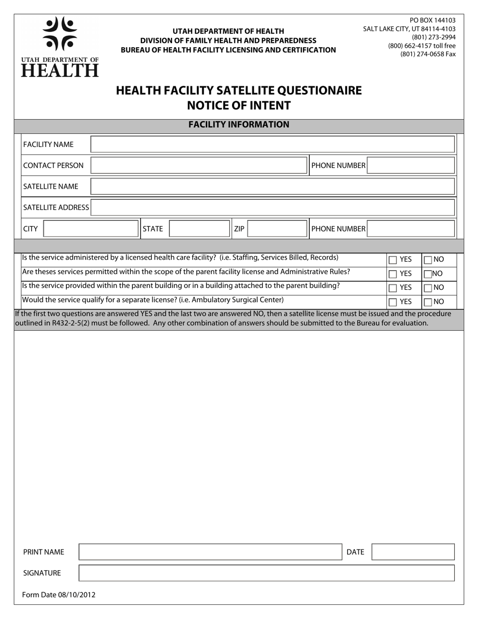 Health Facility Satellite Questionaire Notice of Intent - Utah, Page 1
