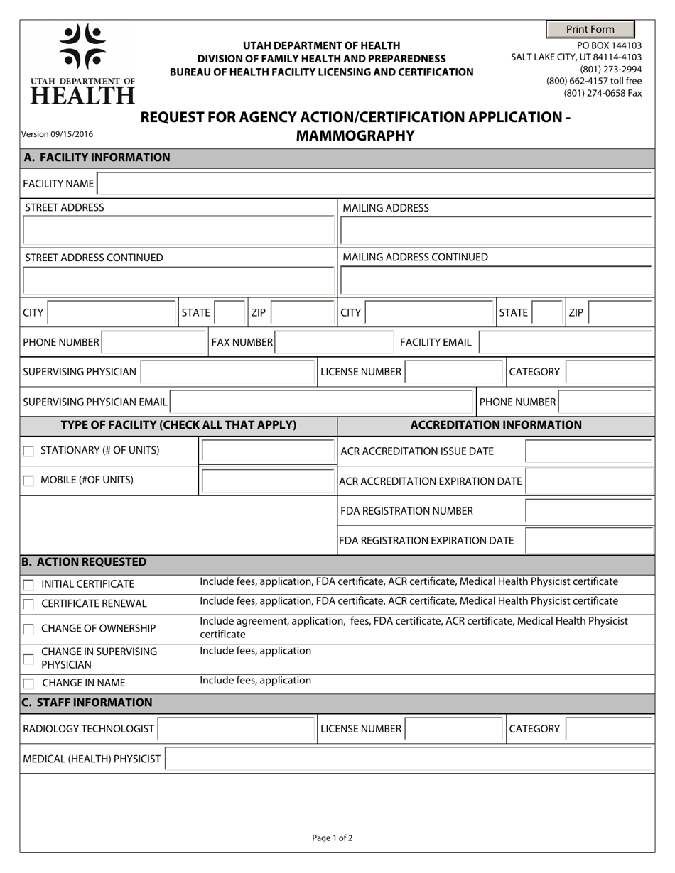 Request for Agency Action / Certification Application - Mammography - Utah, Page 1