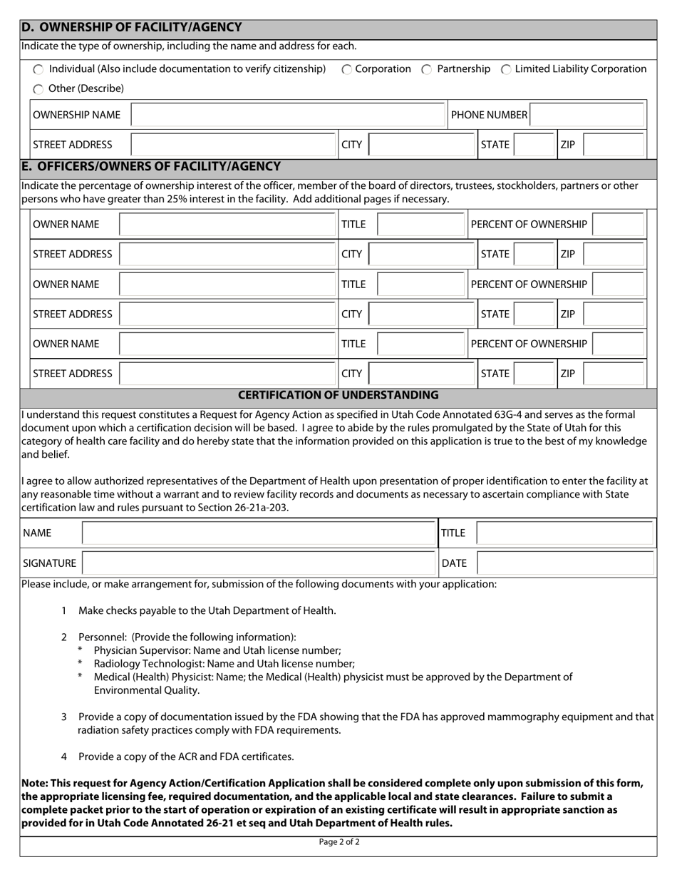Request for Agency Action / Certification Application - Mammography - Utah, Page 2