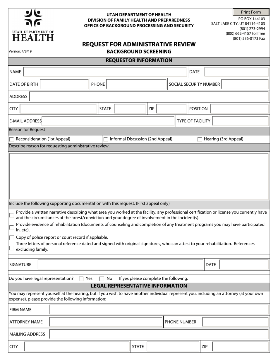 Request for Administrative Review - Background Screening - Utah, Page 1