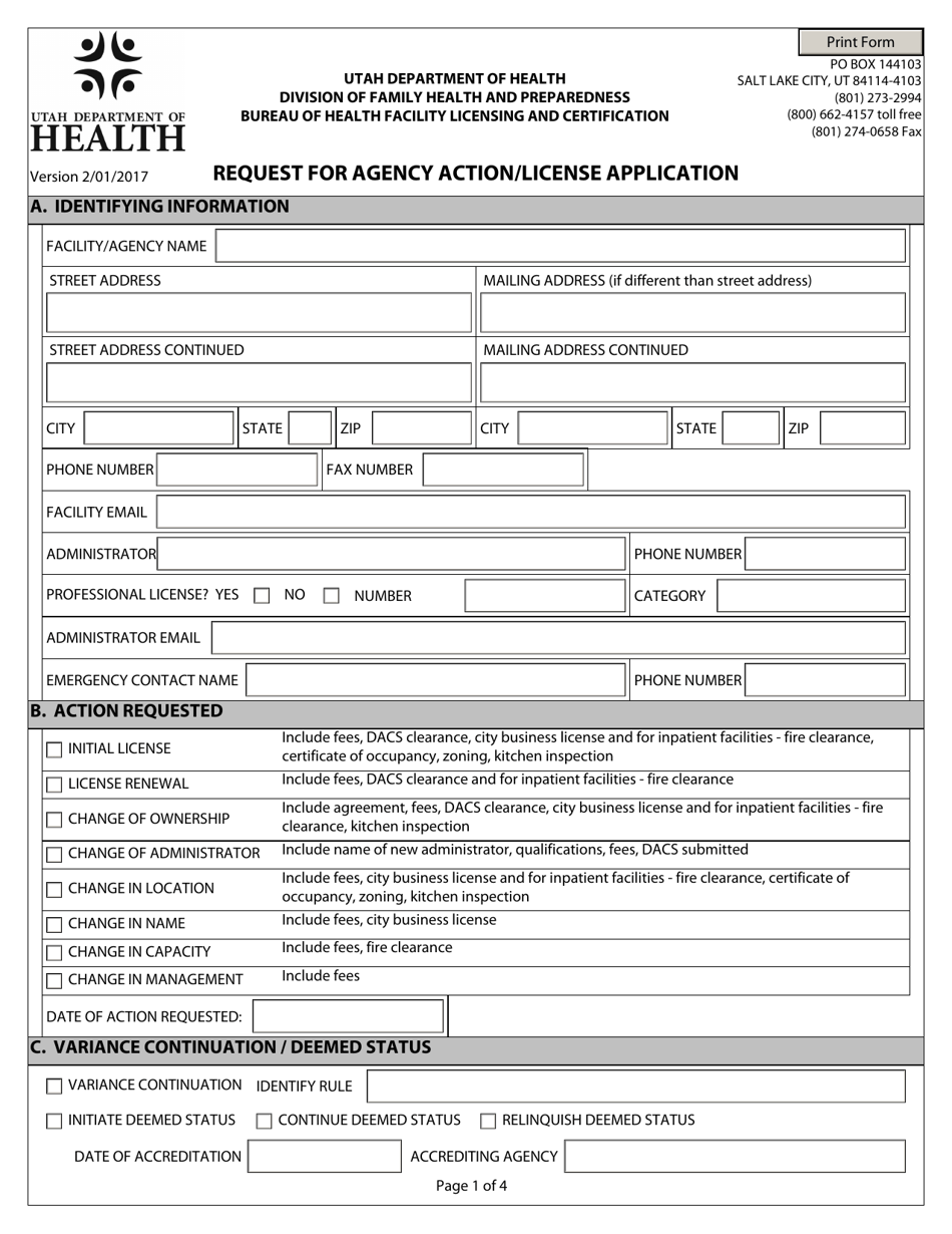 Request for Agency Action / License Application - Utah, Page 1
