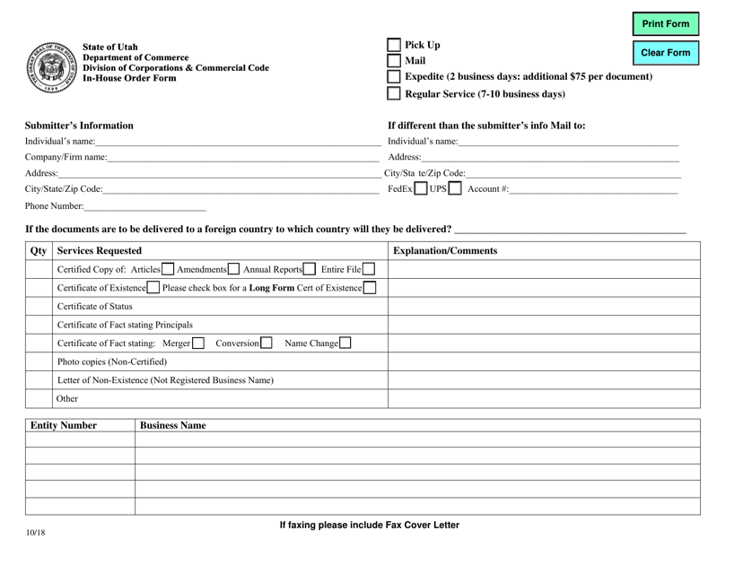 In-house Order Form - Utah Download Pdf