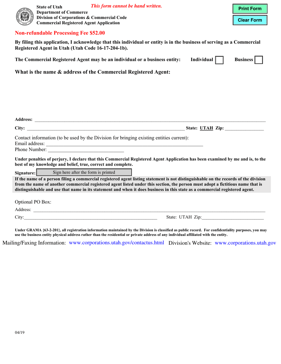 Commercial Registered Agent Application - Utah, Page 1