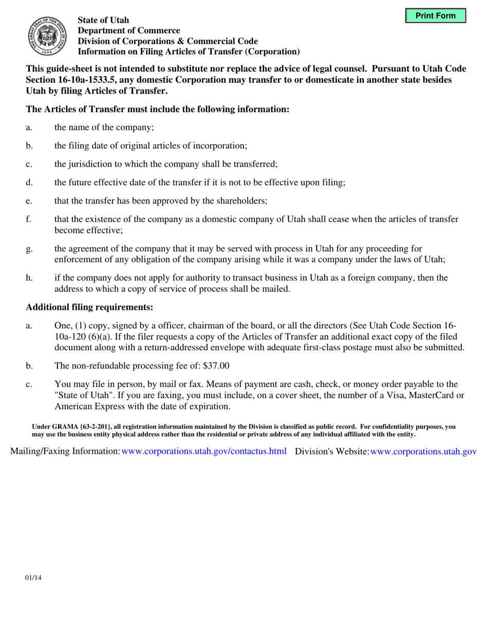 Instructions for Articles of Transfer (Corporation) - Utah, Page 1