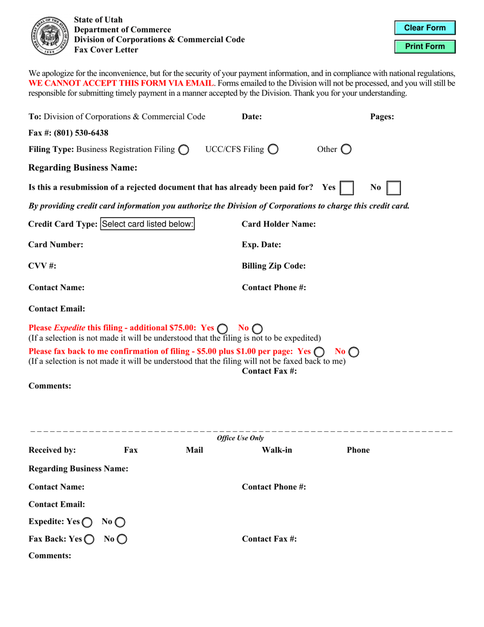 Fax Cover Letter - Utah, Page 1