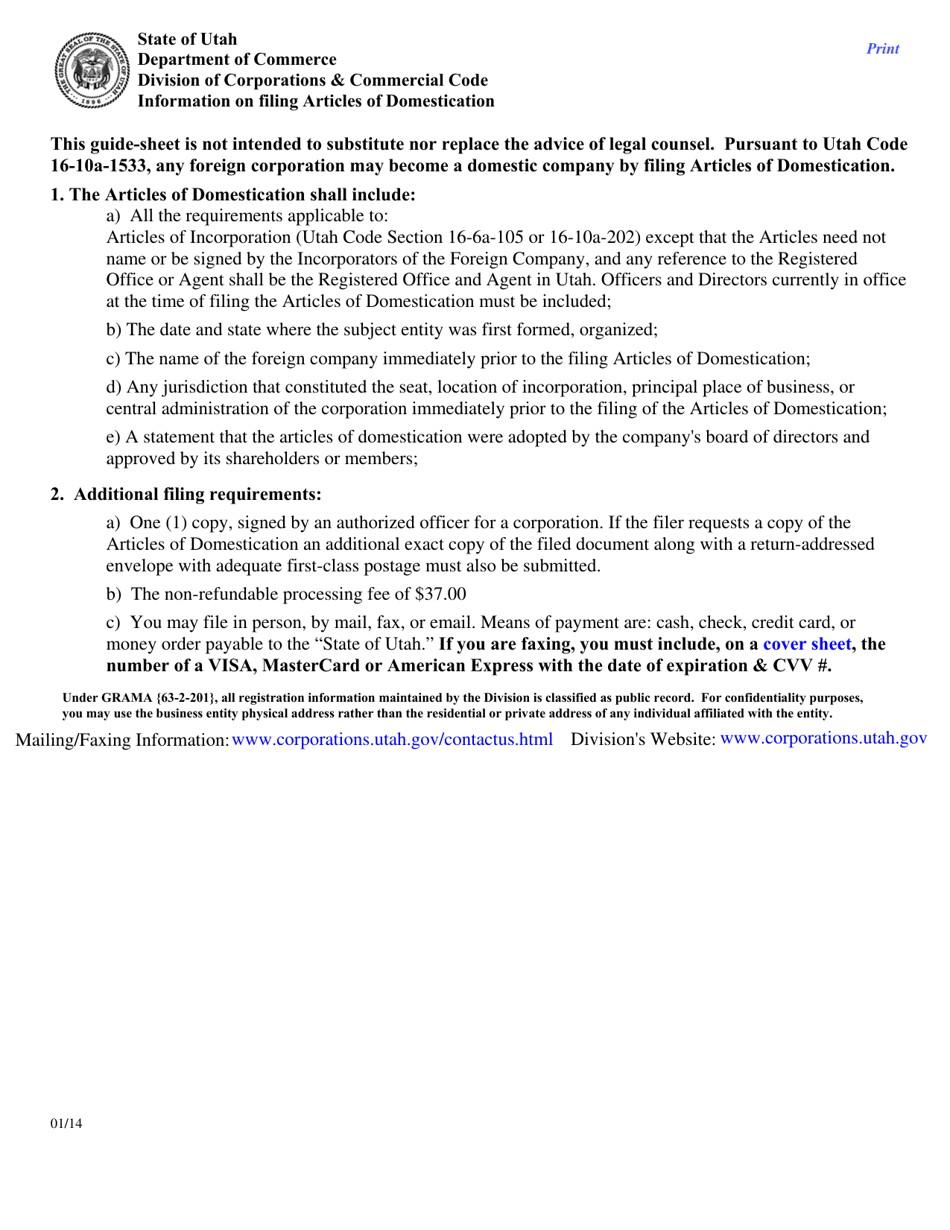 Download Instructions for Articles of Domestication PDF Templateroller