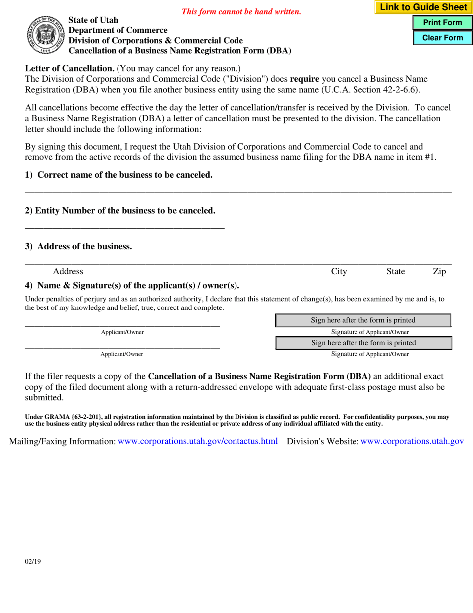 Cancellation of a Business Name Registration Form (Dba) - Utah, Page 1