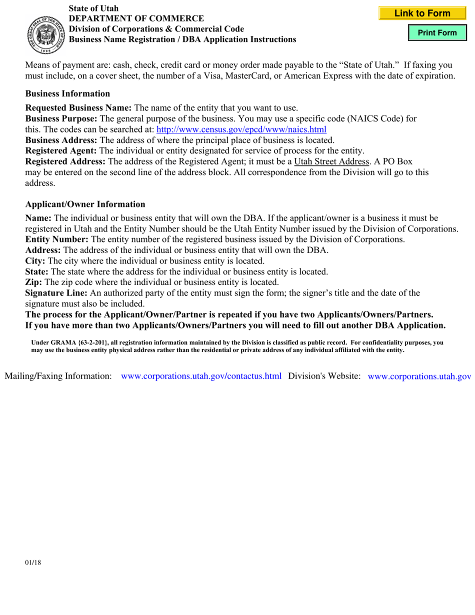 Instructions for Business Name Registration / Dba Application - Utah, Page 1