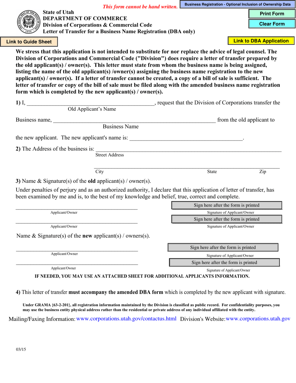 Letter of Transfer for a Business Name Registration (Dba Only) - Utah, Page 1