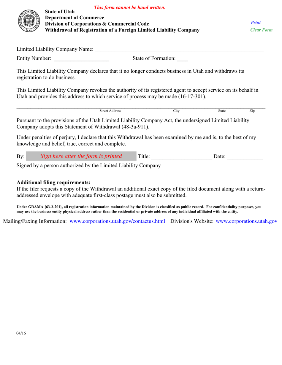 Withdrawal of Registration of a Foreign Limited Liability Company - Utah, Page 1