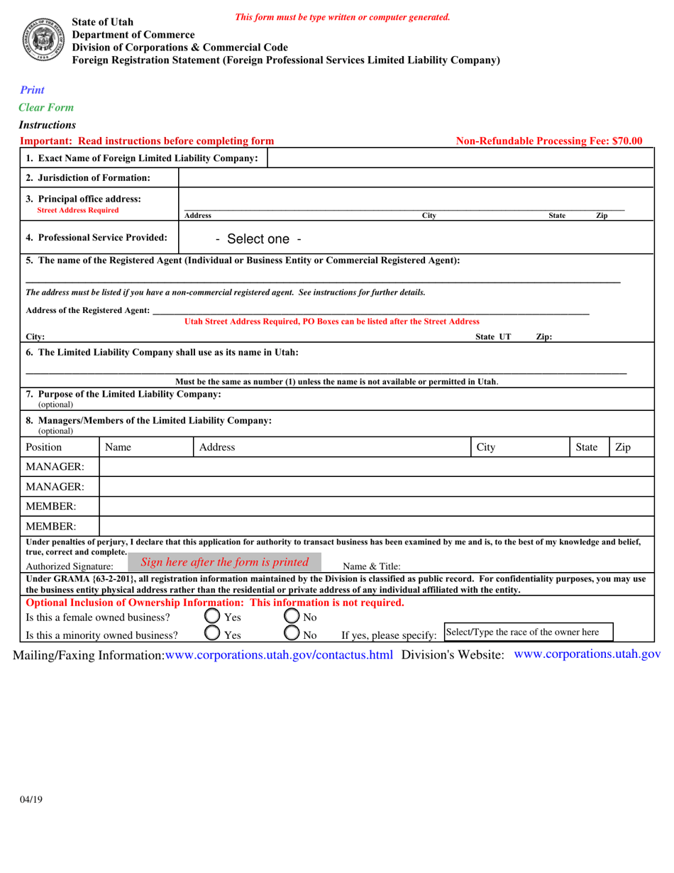 Foreign Registration Statement (Foreign Professional Services Limited Liability Company) - Utah, Page 1