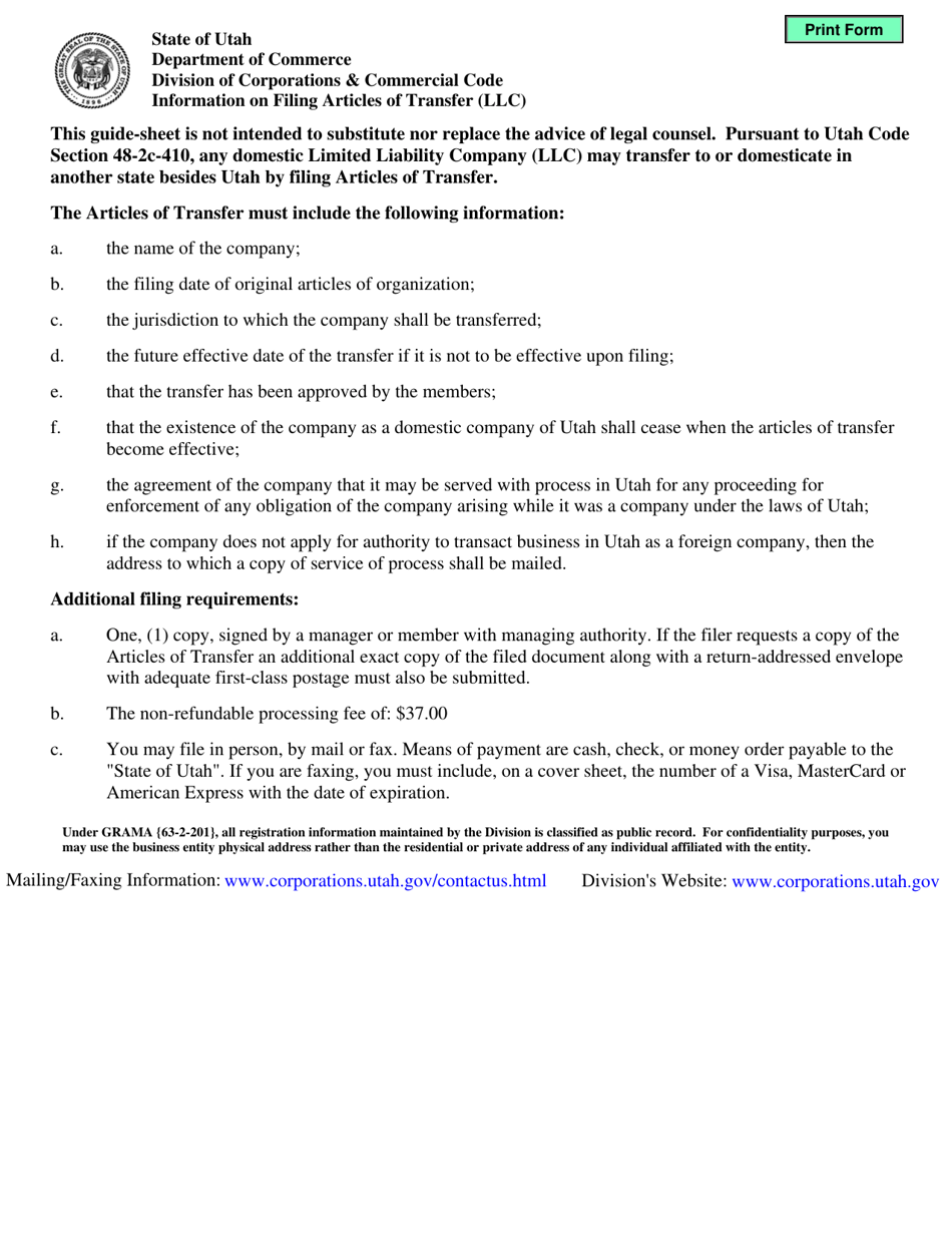 Instructions for Articles of Transfer (LLC) - Utah, Page 1