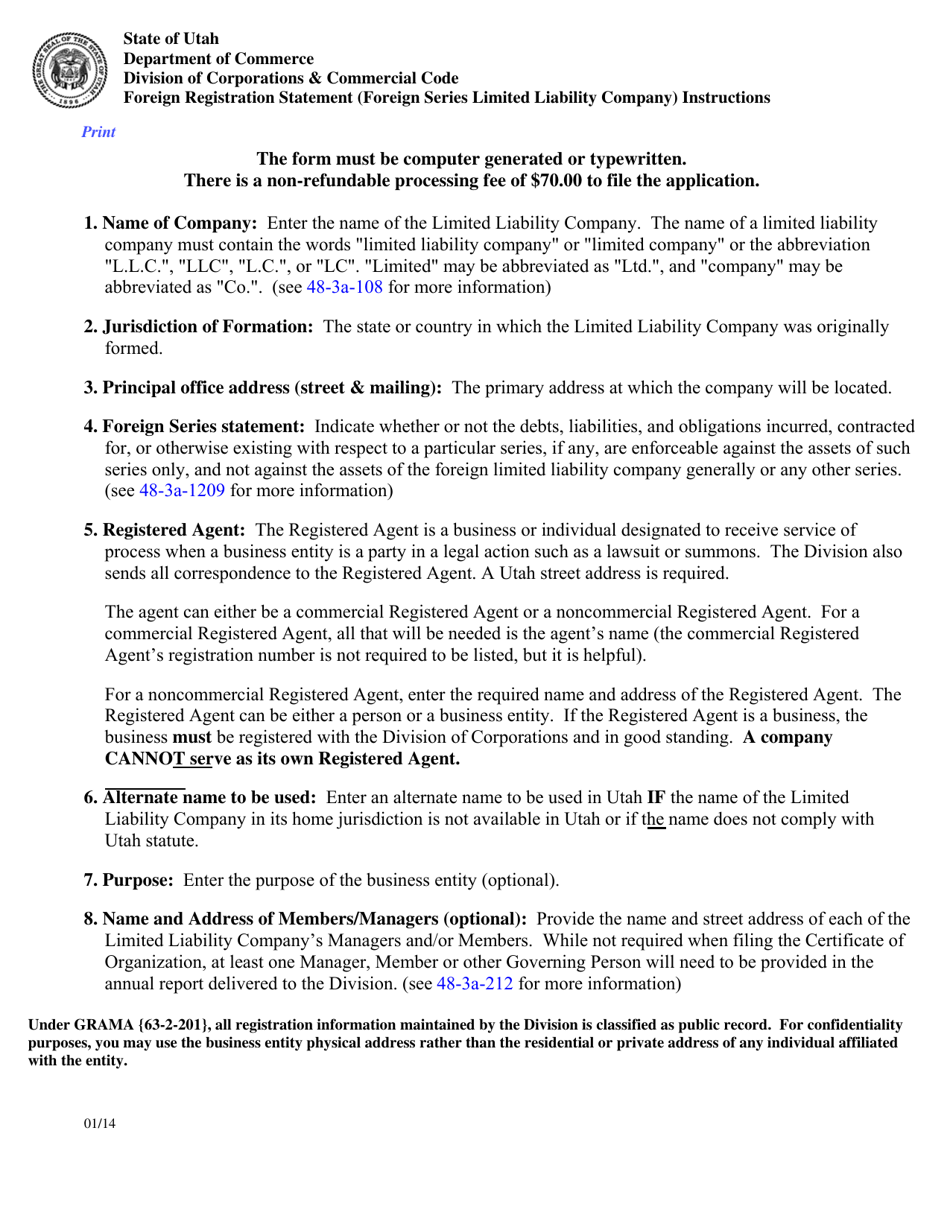 Instructions for Foreign Registration Statement (Foreign Series Limited Liability Company) - Utah, Page 1
