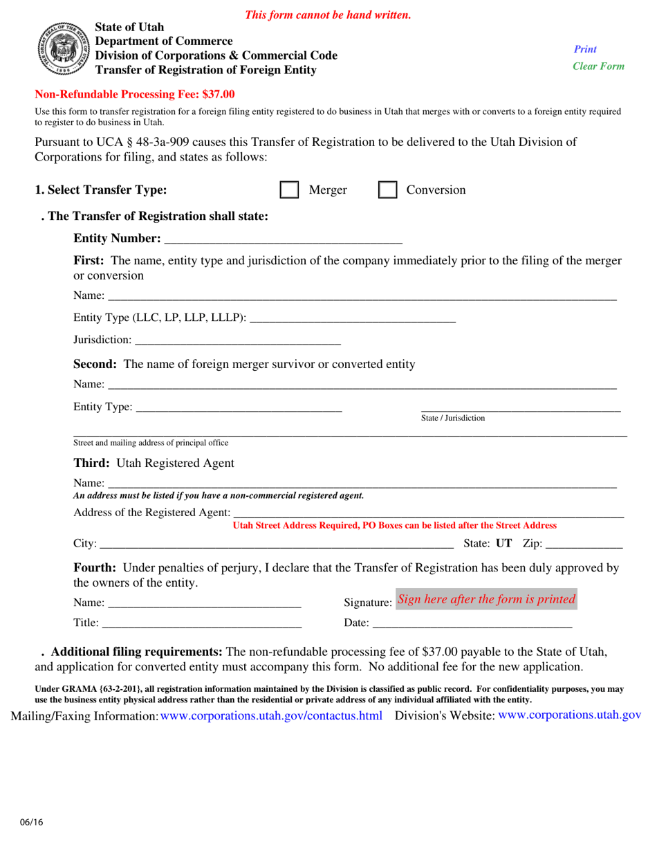 Transfer of Registration of Foreign Entity - Utah, Page 1