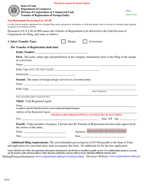 Transfer of Registration of Foreign Entity - Utah Download Pdf