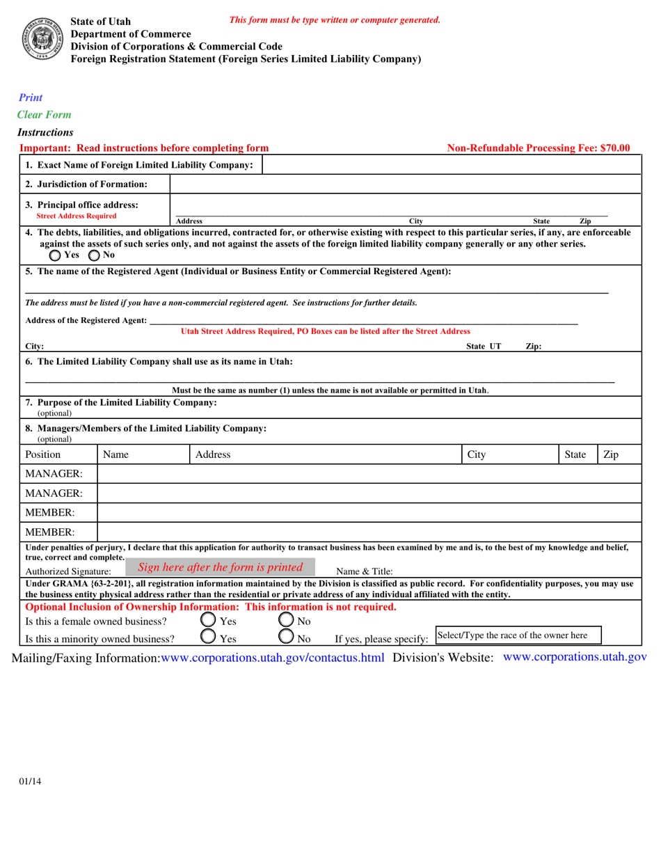 Utah Foreign Registration Statement (Foreign Series Limited Liability ...