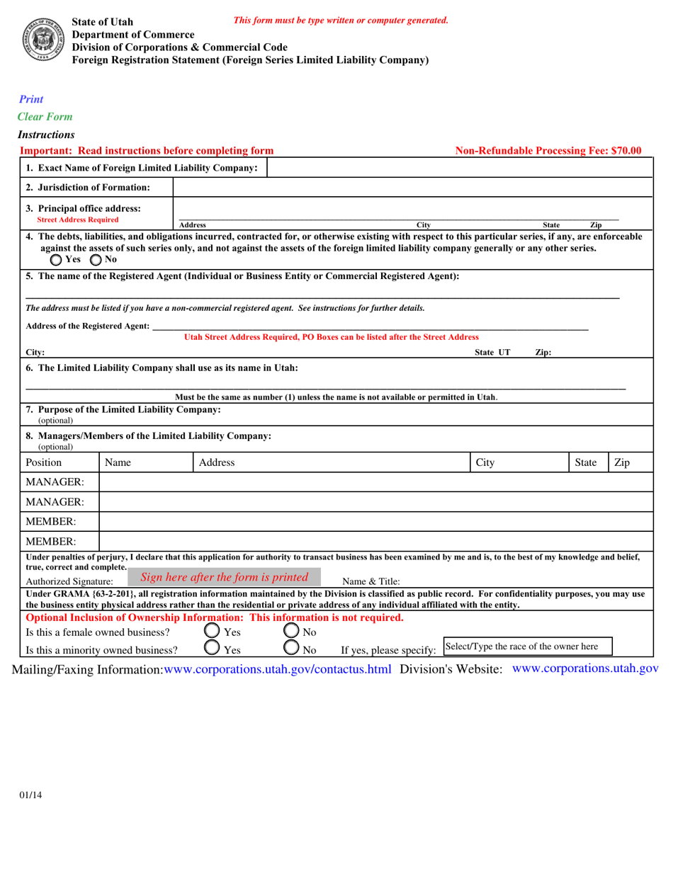 Foreign Registration Statement (Foreign Series Limited Liability Company) - Utah, Page 1