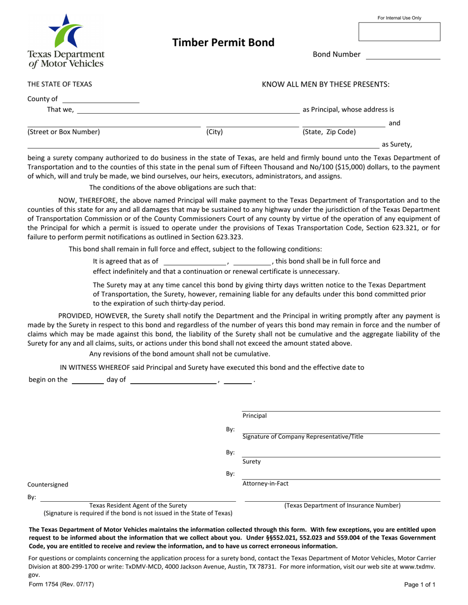 Form 1754 Timber Permit Bond - Texas, Page 1